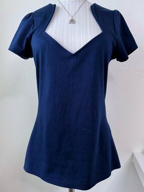 Rock Steady By Steady-Sophia Angular Sweetheart Short Sleeve Top -Navy Blue-Lg